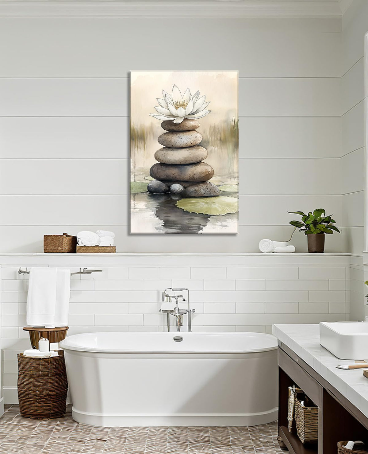 Large Zen Wall Art Lotus with Spa Stones Picture Watercolor Painting Meditation Canvas Prints Spiritual Room Bathroom Living Room Office Wall Decor Framed (42"L x 28"W / K - Lotus)