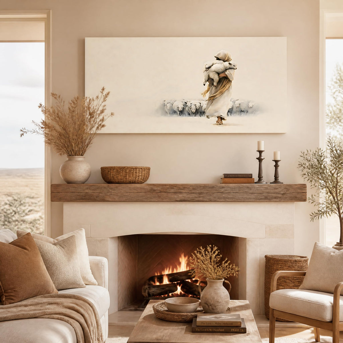Good Shepherd Jesus Carrying Lamb Canvas Wall Art Christian Painting Flat Print Gallery Wrapped Minimalist Religious Artwork for Living Room Bedroom Bathroom Decor (Mysterious / White Shepherd Sheep 11 / 40"L x 20"W)