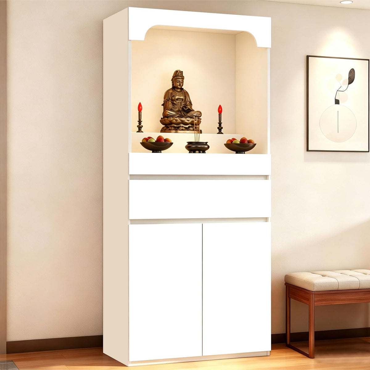 Altar Table Pooja Cabinet with Drawers and Storage Cabinets (23.6×15.7×65.4in / Beige + White)