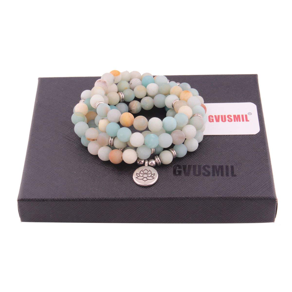 Amazonite 108 Mala Beads Yoga Necklace Natural Stone Charm Bracelet for Women Men Yoga Bangle (Amazonite with lotus)