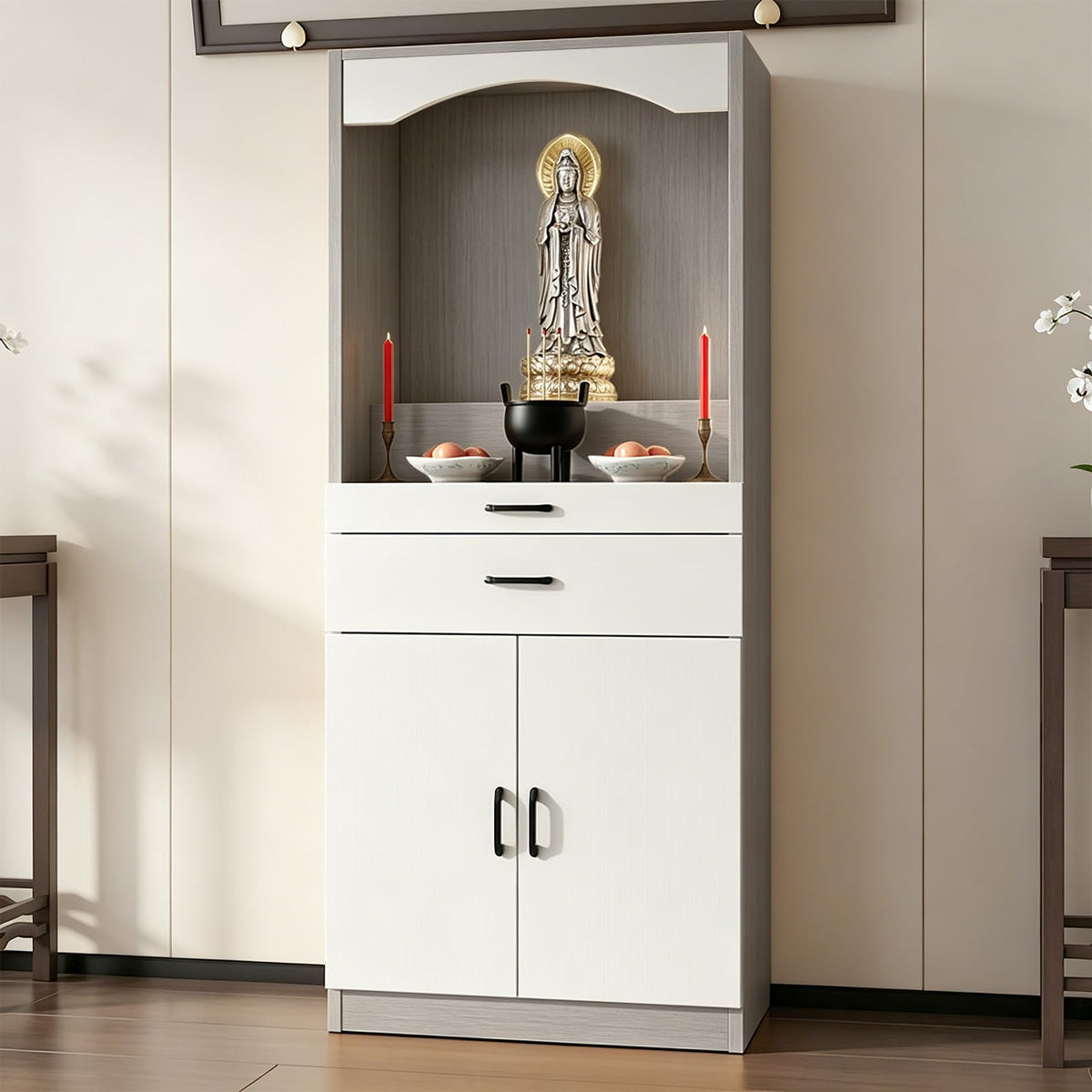 Solid Wood Altar Table (White + Light Gray Wood / 55.1" x 15.7" x 65.4")
