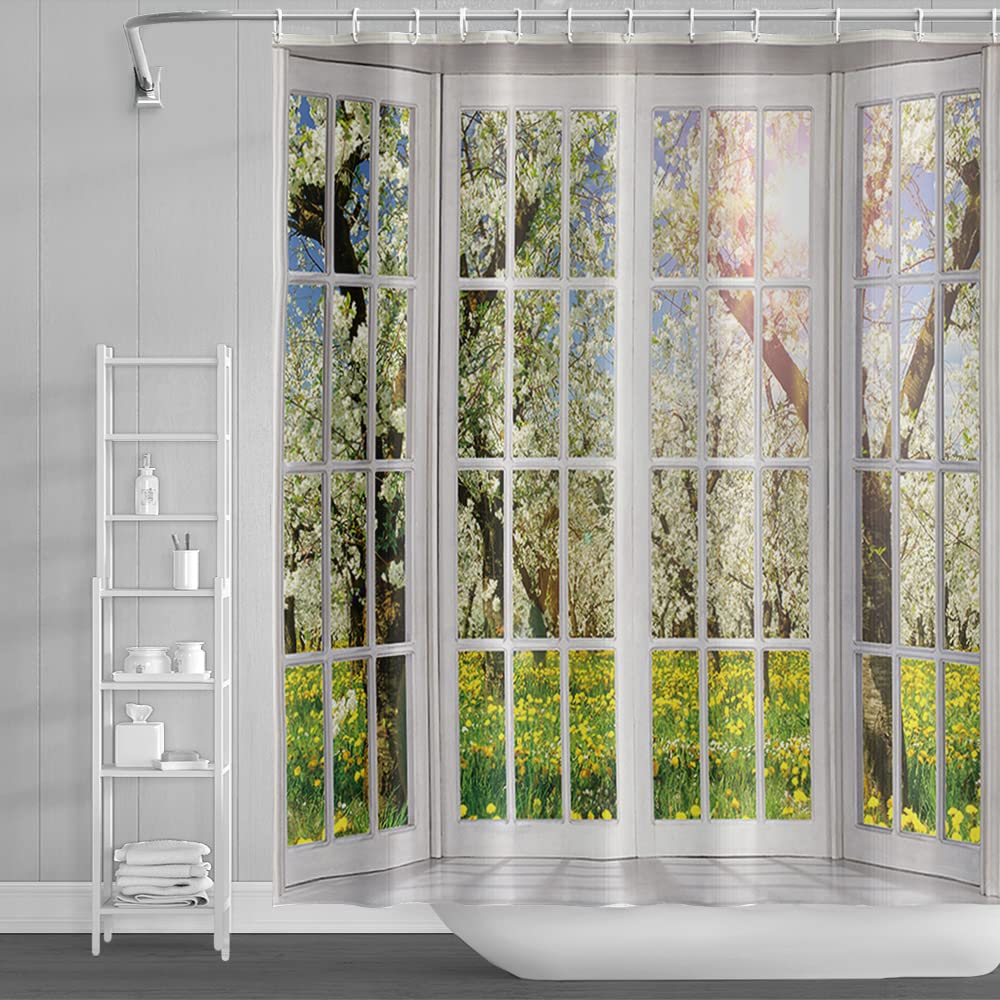 48x72inch Spring Sunrise Scenery Shower Curtain Sets French Style European White Curtain Bath Curtain for Bathroom Natural Scenery Floral Plants Outside Window Bathtub Stall Decor with Hooks (48"W x 72"L (Pack of 1) / Green02)