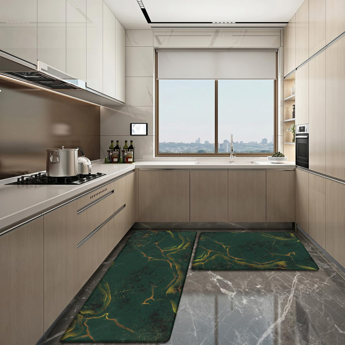 Anti Fatigue Marble Kitchen Rugs Set of 2 (Marble-green)