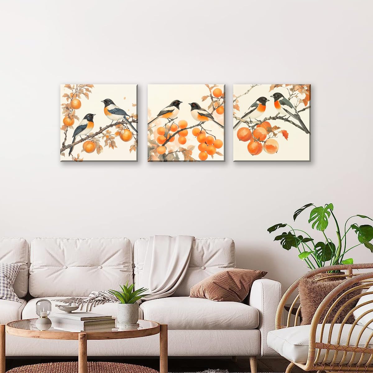 3PCS Vintage Style Watercolor Birds Orange Fruits Canvas Wall Art Botanical Autum Natural Scene Artwork for Living Room Bedroom Office Calming Wildlife and Fruit Branch Framed Canvas Prints (Birds Orange Fruits / 14x14 inches (3 pieces))