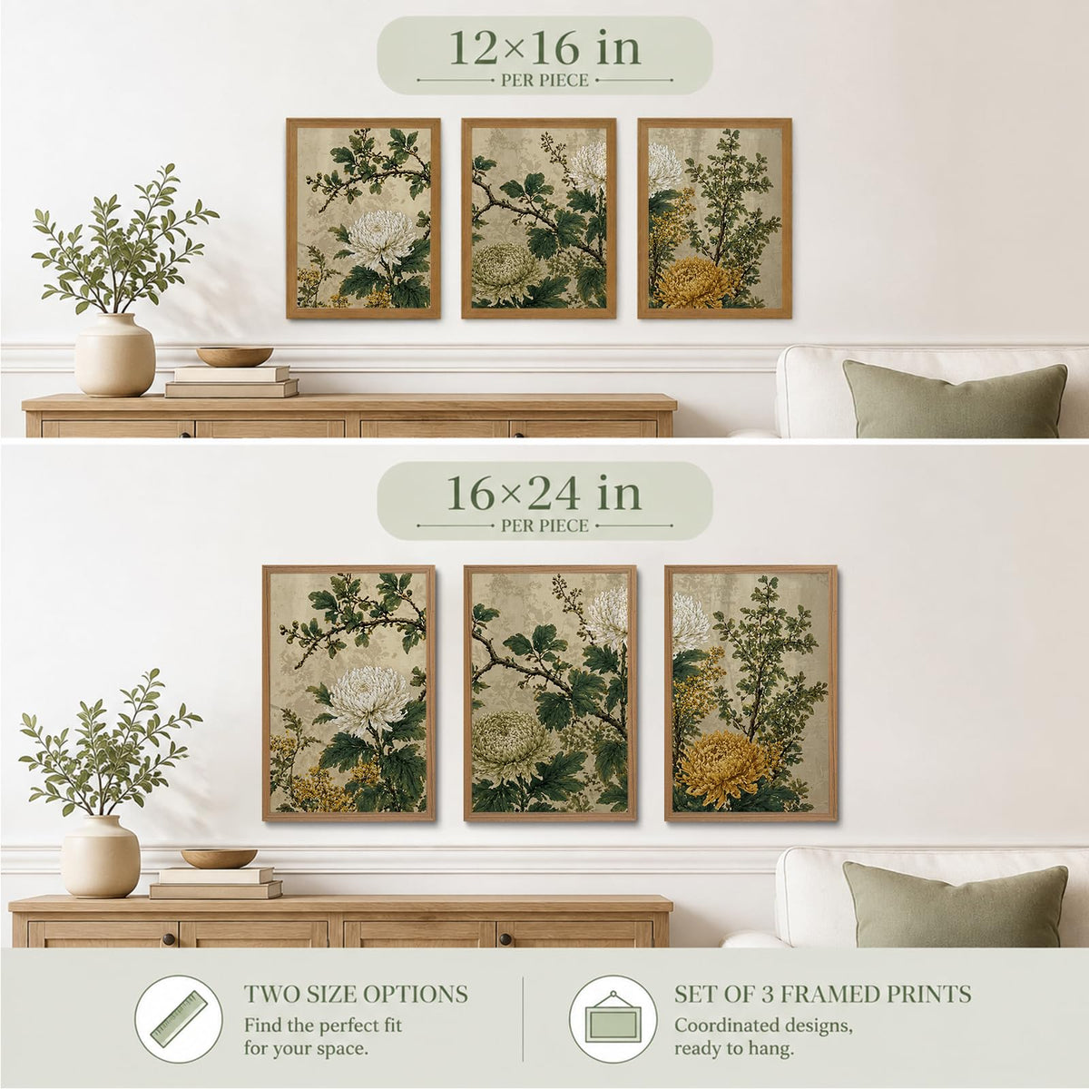 Vintage Chrysanthemum Framed Wall Art Set of 3 (Vintage chrysanthemum / 24"L x 16"W)
