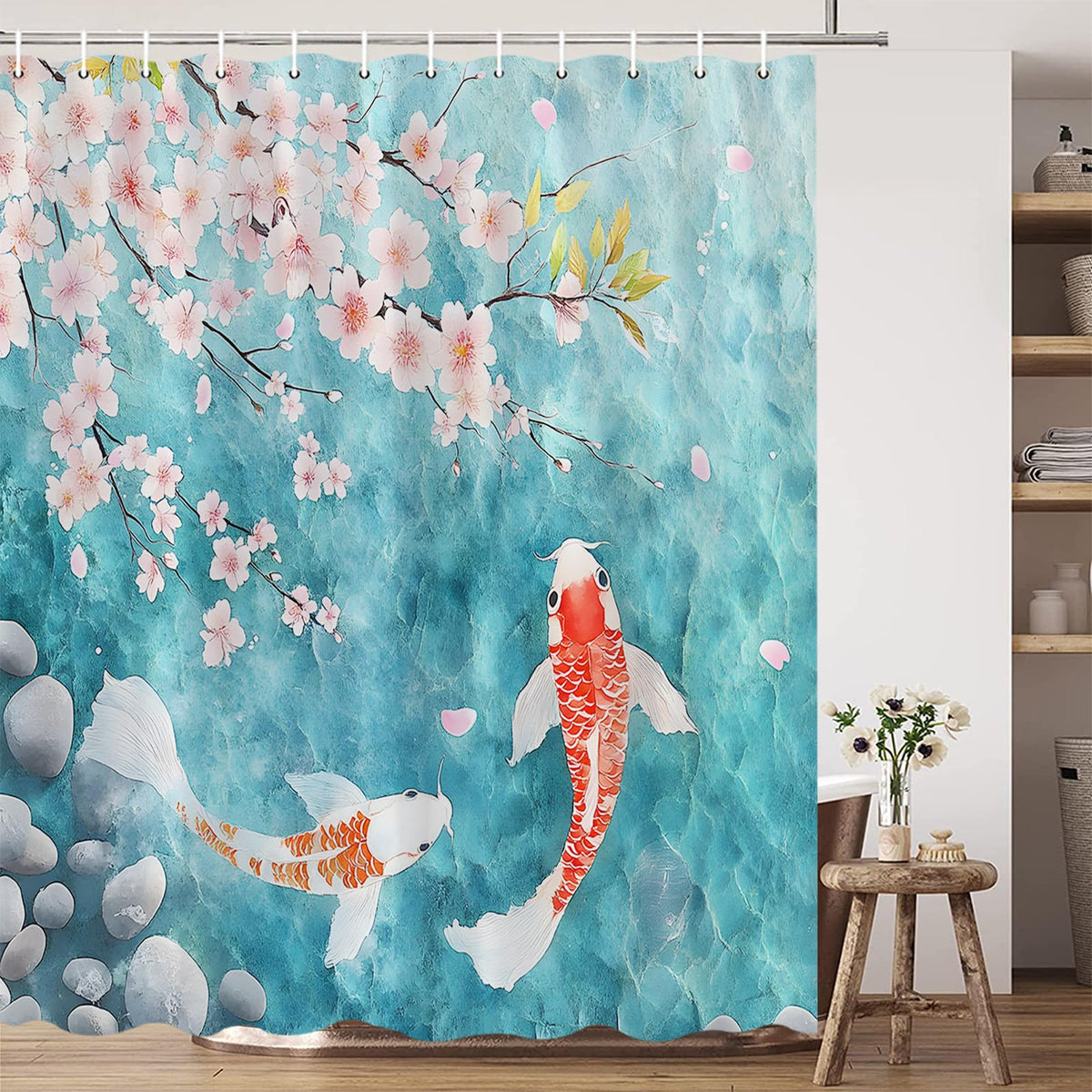 Japanese Fish Shower Curtain Pink Cherry Blossom Asian Floral Blue Lake Animal Zen Garden Nature Abstract Art Bathroom Decor Set Polyester Fabric with Hooks 70X80 Inch (Blue Pink / 70"W x 80"L (Pack of 1))