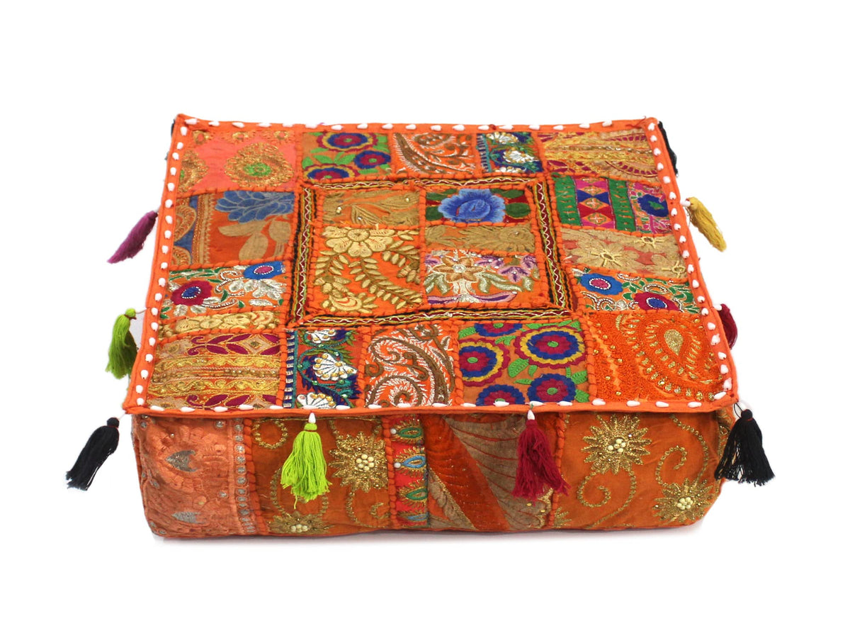 Indian Square Patchwork Traditional Pouf Cover Indian Living Room Poufs Decorative Embroidered Designer Ottoman Home Living Footstool Chair Cover Decor Pillow Cover 16x16x5 inches (16"D x 16"W x 5"H / Orange)