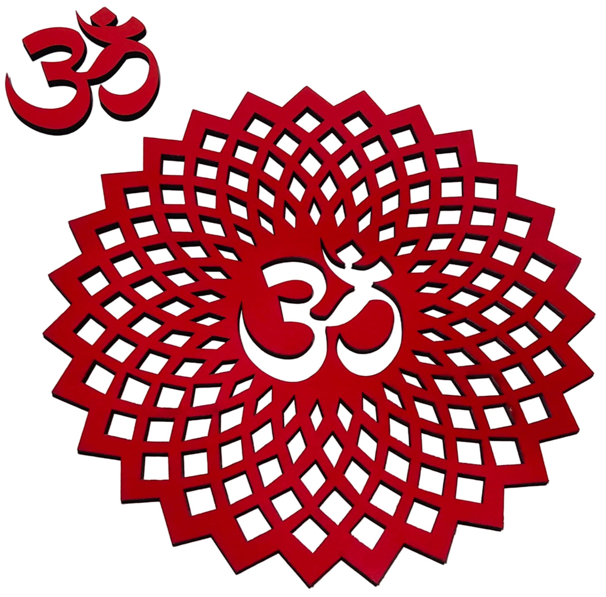Red Om Round Decorative Wall Art Mdf Wooden Om Chakra For Temple (GEOMETRY OM-Red / 18"L x 18"W)