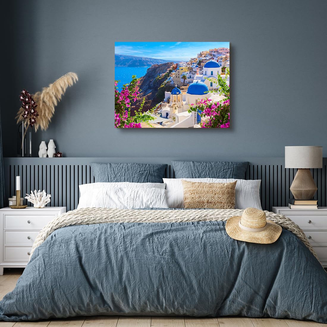 Santorini Island Canvas Wall Art Greece Seascape Poster 12x16 Inch (Blue White Churches / 12"L x 16"W)