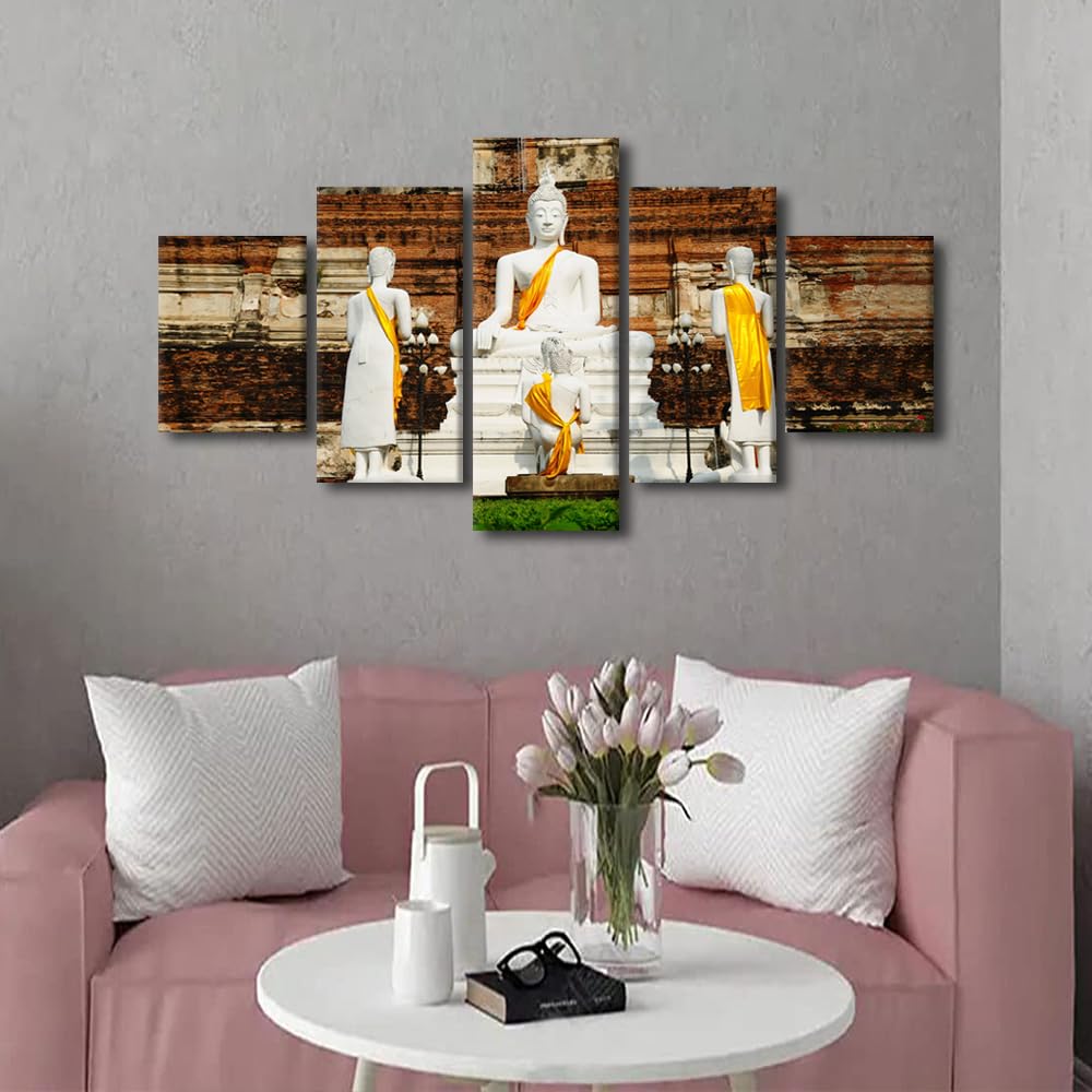 Buddha Canvas Wall Art Buddha Statue in Ayutthaya Thailand Picture Printing 5 Panel Religious Poster Prints Art for Buddhist Believers Living Room Decor Stretched and Framed Ready to Hang 60x32 in (60x32 in / 5PANEL-01)
