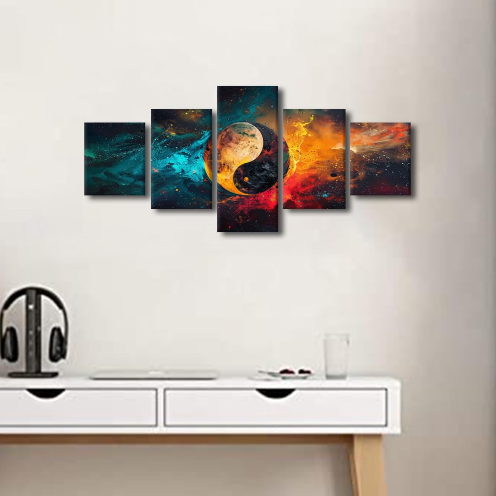 Canvas Wall Art Cosmic Yin Yang With Celestial Bodies Five Panel Framed Painting Modern Home Decor Space Theme Wall Art Galaxy Bedroom Decor Ready to Hang 50" Wx24 H (50''Wx24''H / Artwork-10)