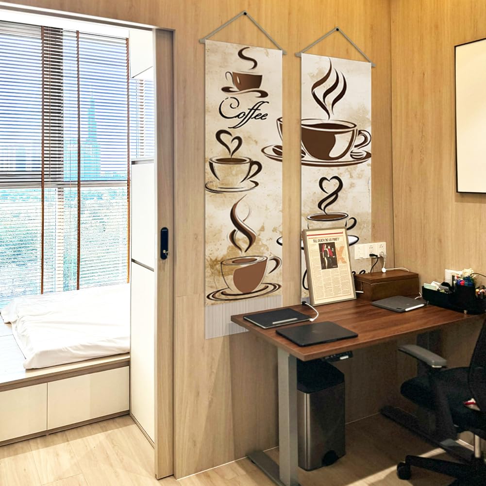 2Pcs Coffee Tapestry Coffee Line Drawing Wall Hanging Tapestries (Beige-coffee)