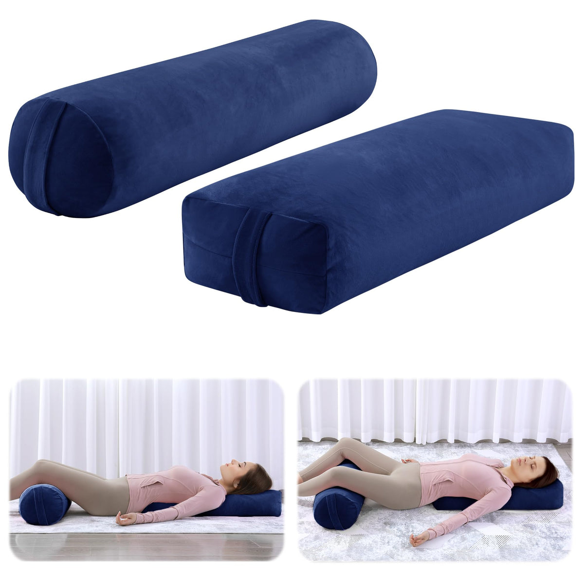 2 Pcs Yoga Bolster Pillow for Restorative Yoga (Dark Blue)