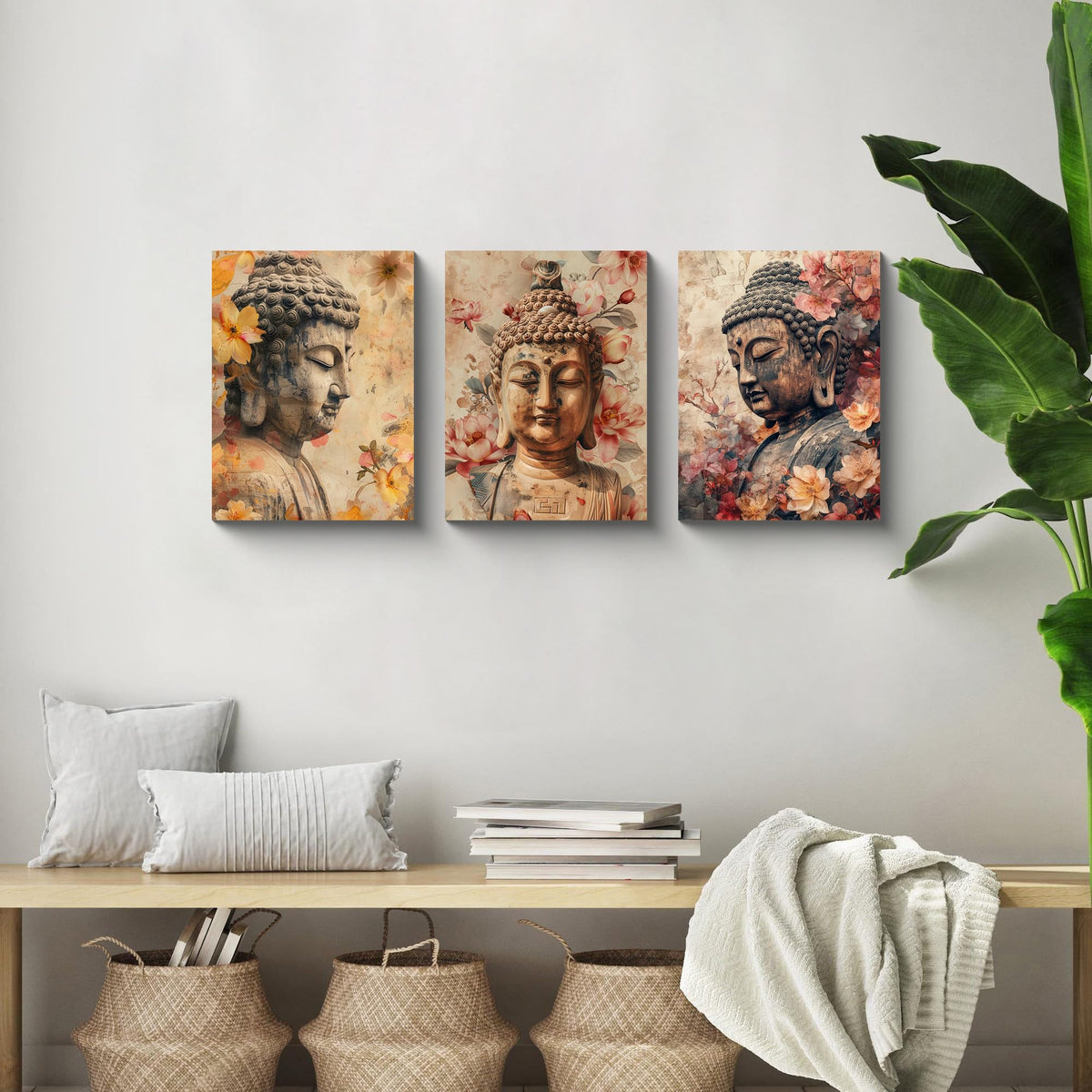 3Pcs Buddha Statue Floral Canvas Art Flowers Buddha Zen Meditation Decor Spiritual Wall Art for Home Ready to Hang Spiritual Zen Decor Peaceful Meditation Art for Living Room (12"L x 16"W / Buddha&Flower)