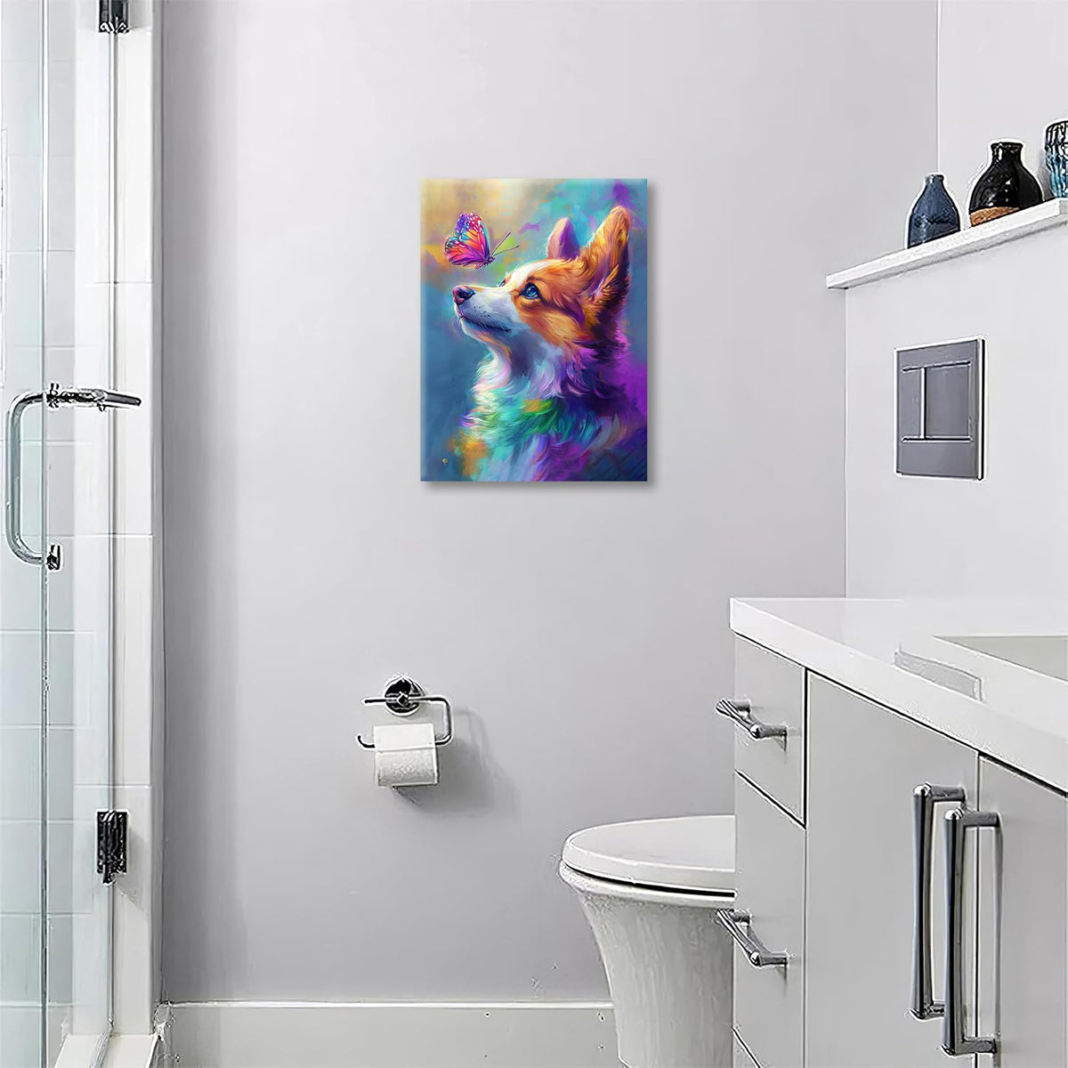Colorful Corgi Canvas Wall Art Butterfly Painting Framed ArtWork 20"x24" (Colorful Corgi / 24"L x 20"W)