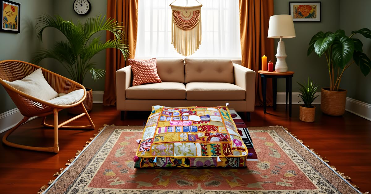 Handmade Square Yellow Patchwork Pouf Cover 35 Inch Ottoman Cover Embroidered Cotton Floor Cushion Cover Boho Indian Decorative Floor Pillow Meditation Cushion for Living Room Bedroom (35"D x 35"W x 5"H / Yellow)