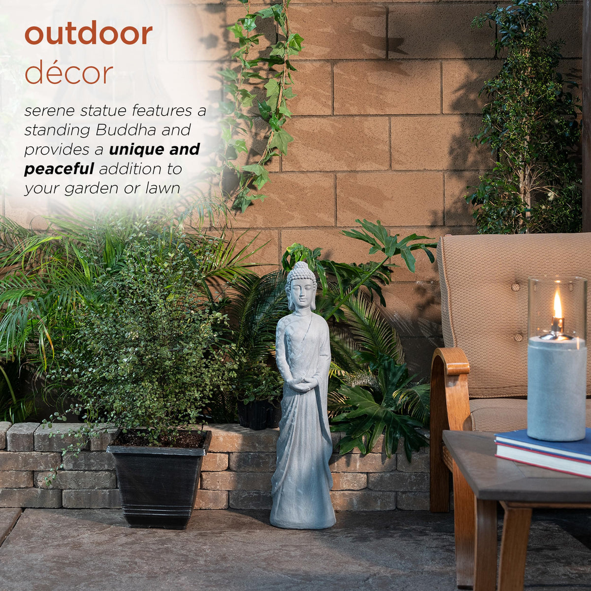 32" Tall Cement Standing Buddha Outdoor Garden Statue (32" H - Gray Buddha)
