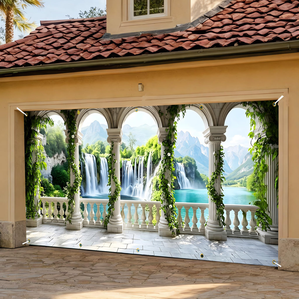 Waterfall Garage Door Banner 6 x 13 FT (White arches)