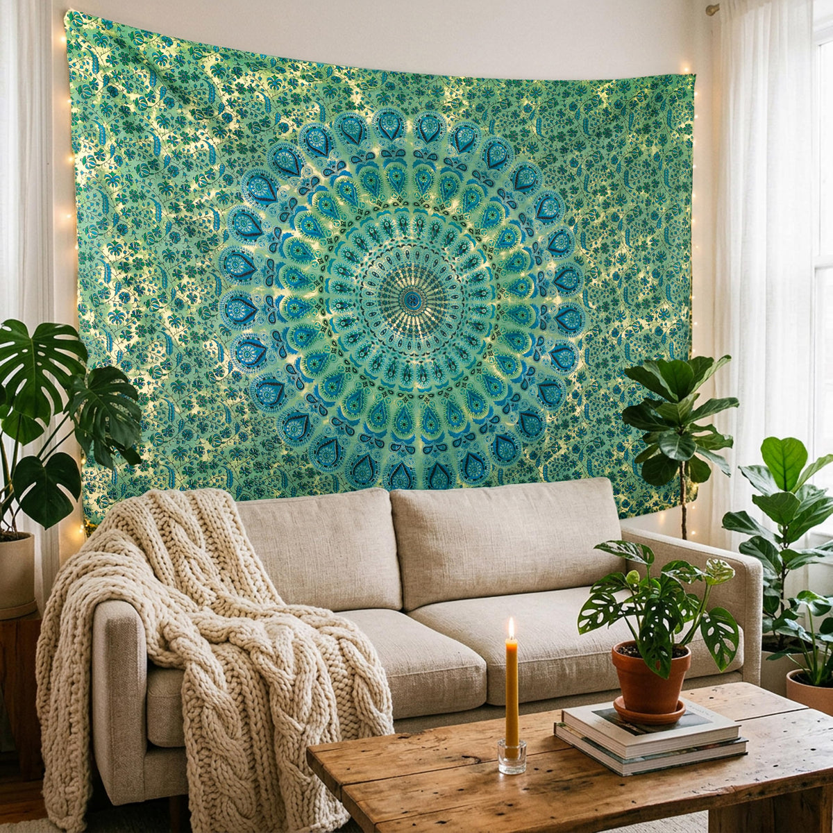 Peacock Mandala Tapestry for Bedroom Living Room Décor (60"L x 50"W / Green)