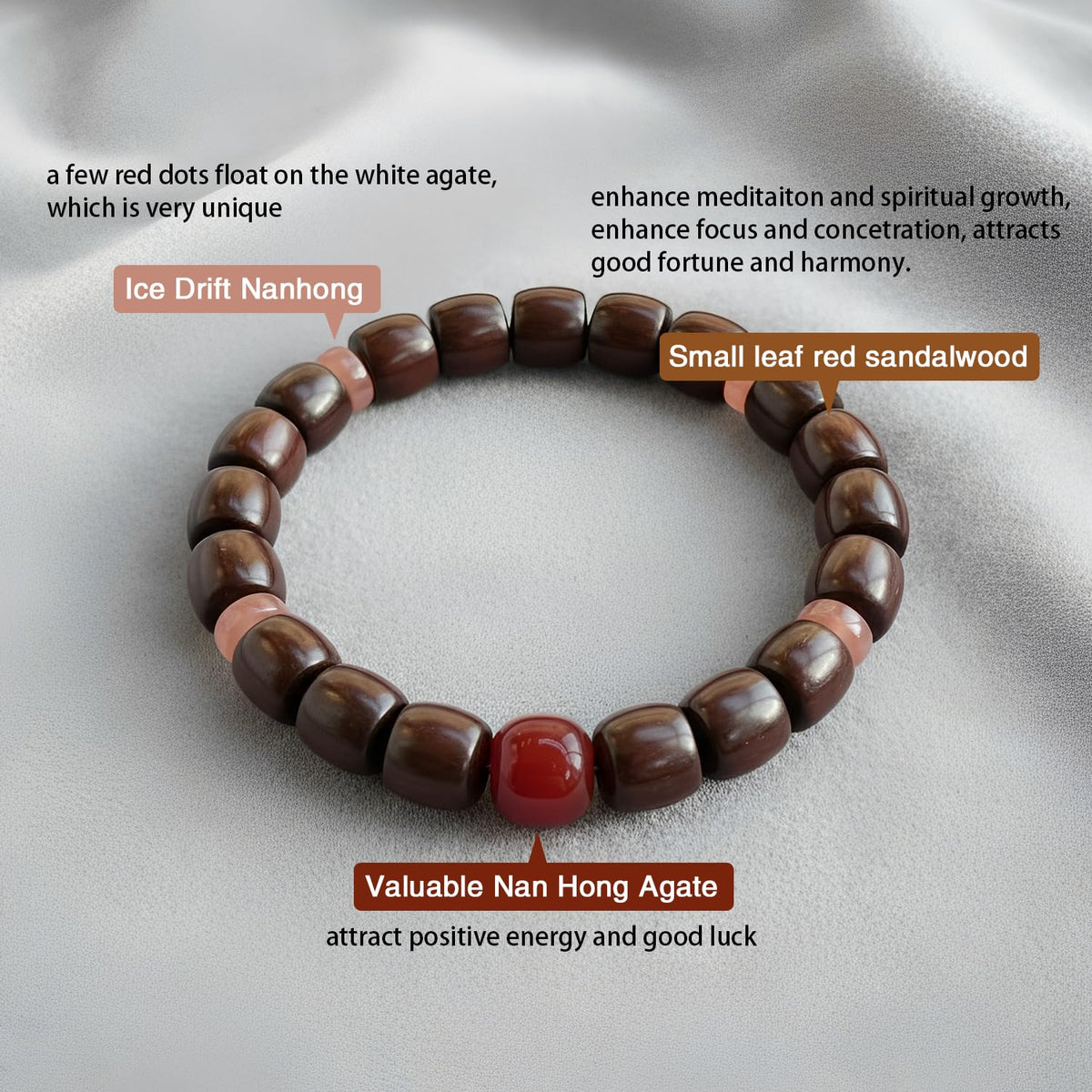 Red Sandalwood Mala Bead Bracelet with Natural Southern Red Agate (Sandalwood + Southern Red Agate)