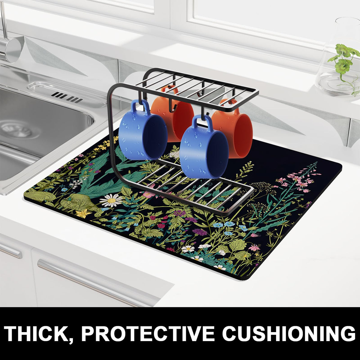 Dish Drying Mat for Kitchen Counter (Midnight Flower / 16" x 18")