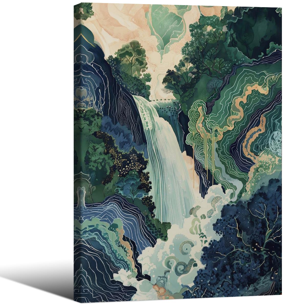 Japanese Landscape Framed Prints Poster Abstract Nature Mountain Canvas Wall Art 16x24 inch Vintage Asian Waterfall Painting Ukiyo (Wrapped Canvas / Japanese Painting / 24"L x 16"W)