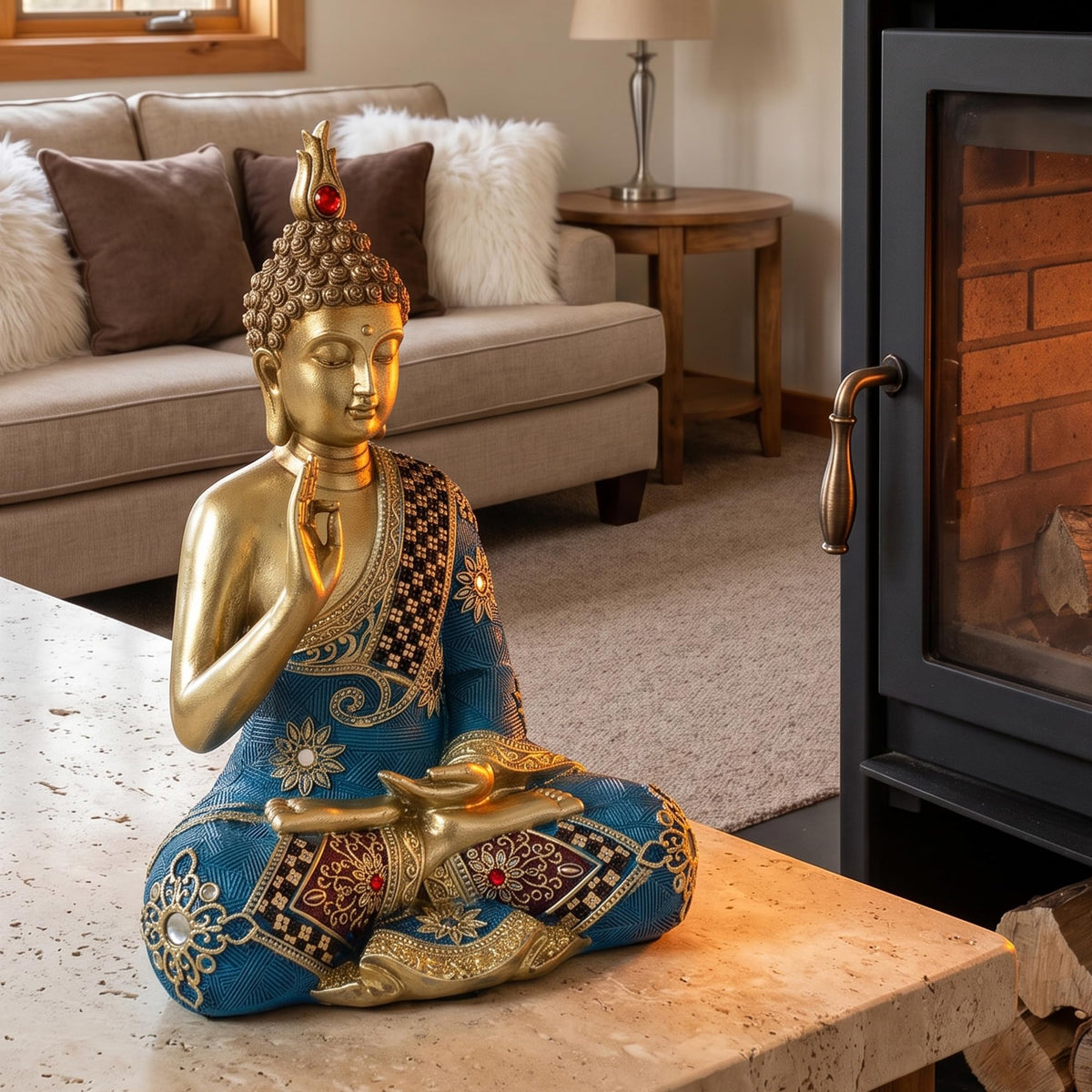 9.5 Inch Meditating Zen Sitting Thai Buddha Statue Figurines Sculpture Collectibles for Home Decor Room Office Indoor Spiritual Gifts (Blue/Gold)