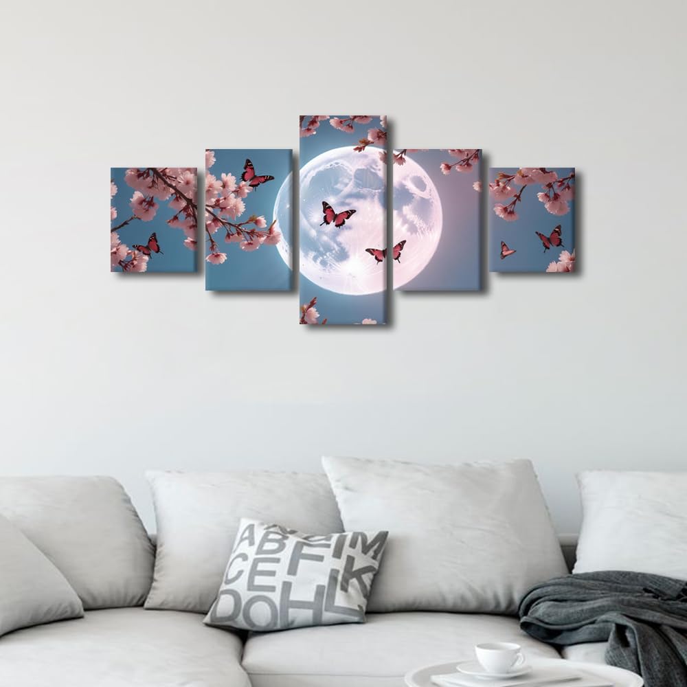 Canvas Wall Art Enchanting Moonlit Sakura Five Panel Framed Painting Japanese Spring Nightscape Decor Zen Garden Wall Art Spa Relaxation Decor Ready To Hang 50"Wx24"H‌ (50''Wx24''H / Artwork-09)