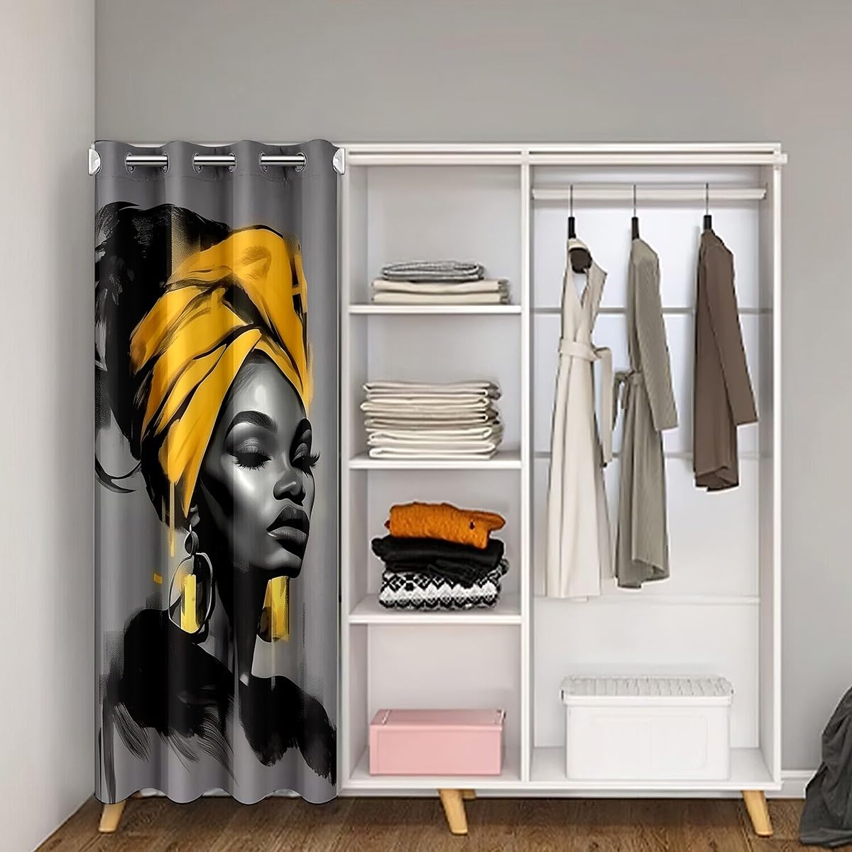 Black Women Door Curtain for Doorway Privacy 42x80 Inch 1 Panel African American Woman Closet Cover Teens Yellow Abstract Room Divider Curtain Breathable Soft Lightweight Modern Room Decor (Grey and Yellow / 42"W x 80"L (Pack of 1))