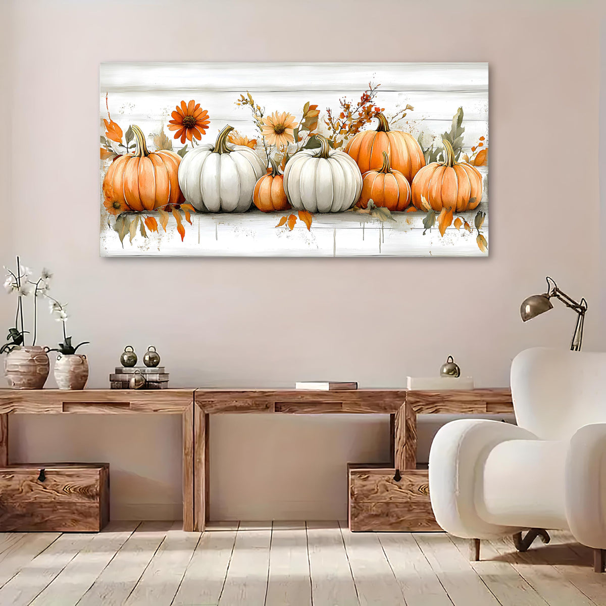 Farmhouse Pumpkin Flowers Canvas Wall Art Living Room Wall Decor (60"x30"x1 / Pumpkin6)