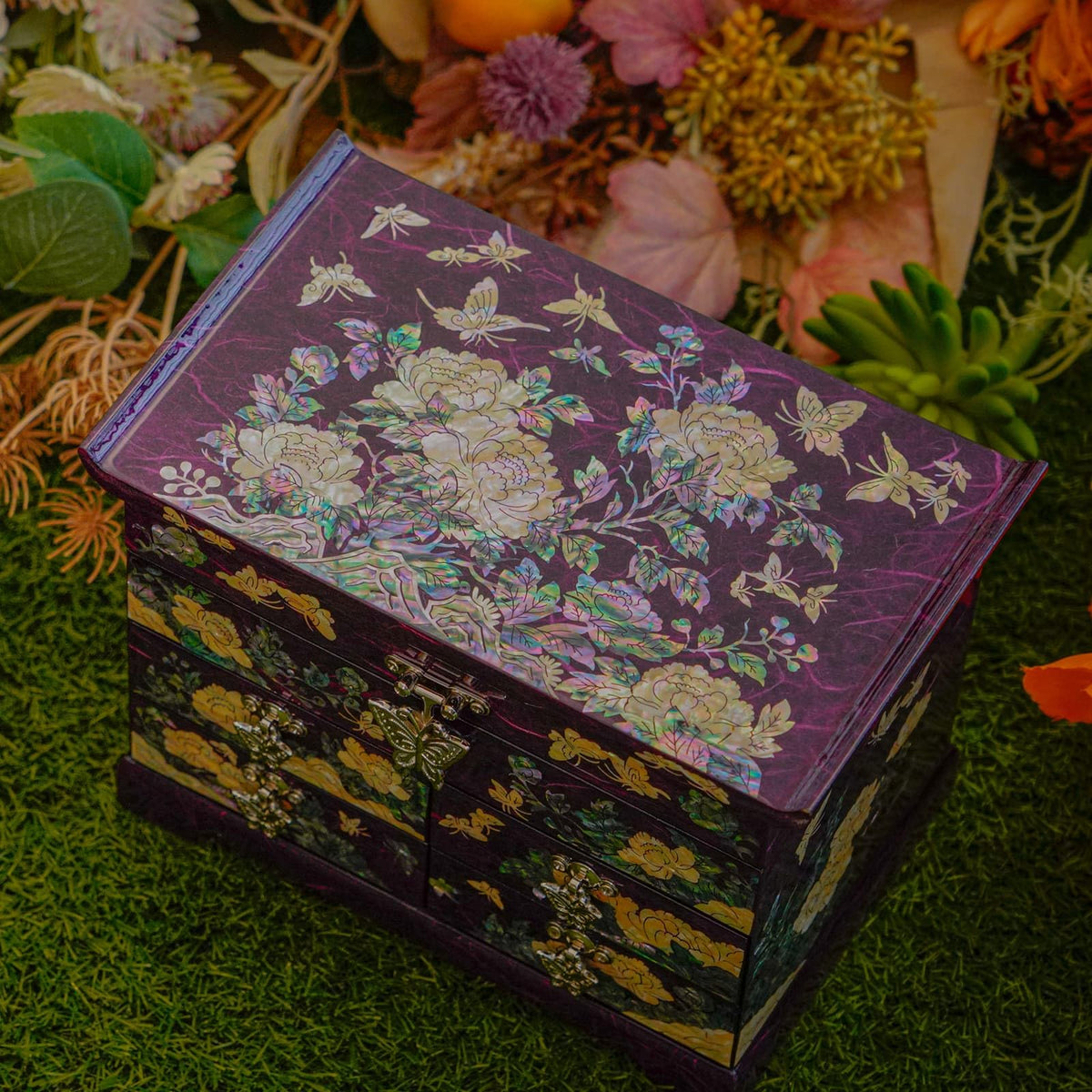 Mother of Pearl Wooden Jewelry Organizer Box (Peony_Purple)