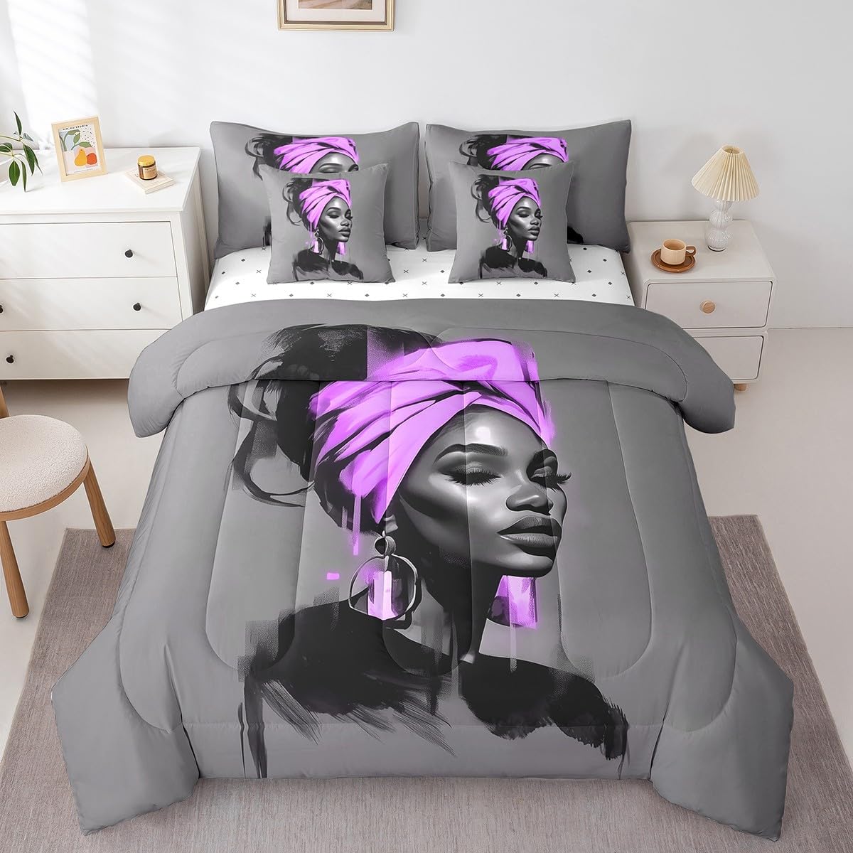 Black Women Comforter Set with Sheets Full Size African American Woman 7 Piece Bedding Set All Season Teens Purple Abstract Bed in A Bag Breathable Soft Lightweight Modern Room Decor (Light Gray Purple / Full)