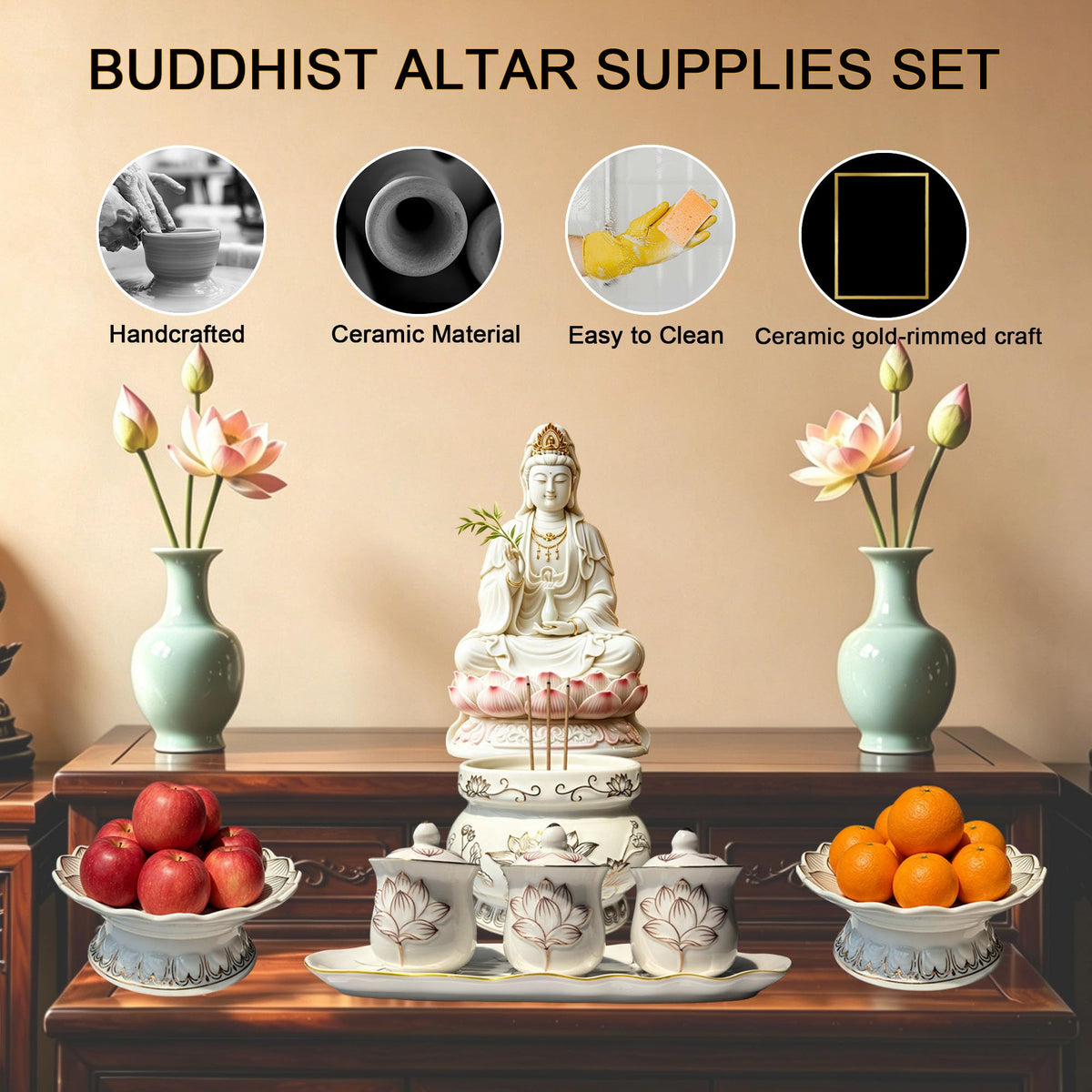 Buddhist Altar Supplies Set for Buddha Tibetan Worship Shrine (White)