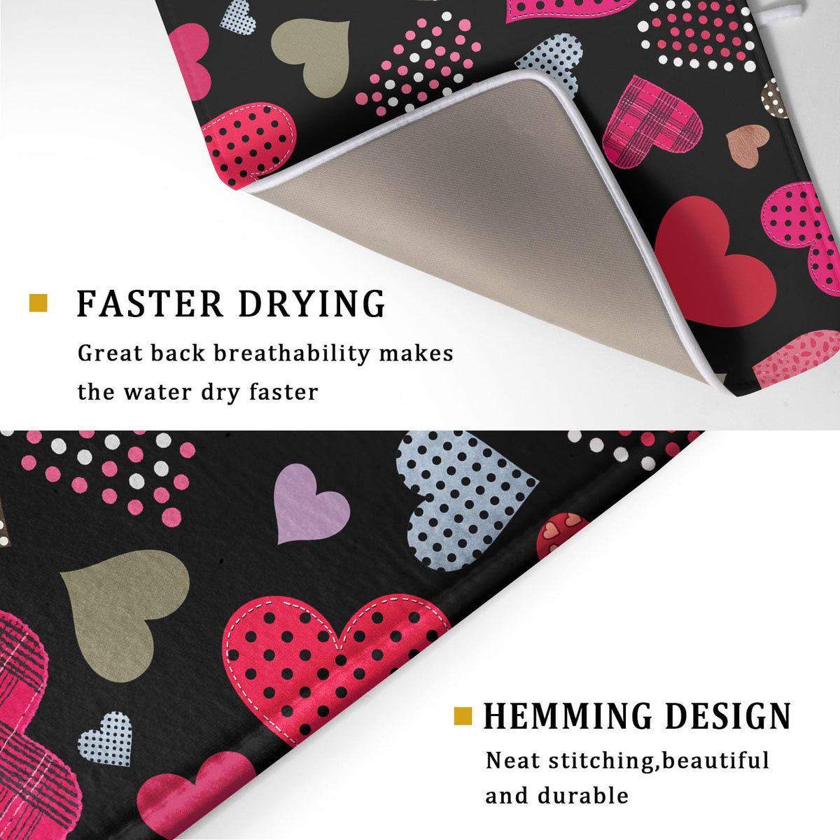 Happy Valentine's Day Black Dish Drying Mat for Kitchen Counter (Love Heart / 18" x 24")