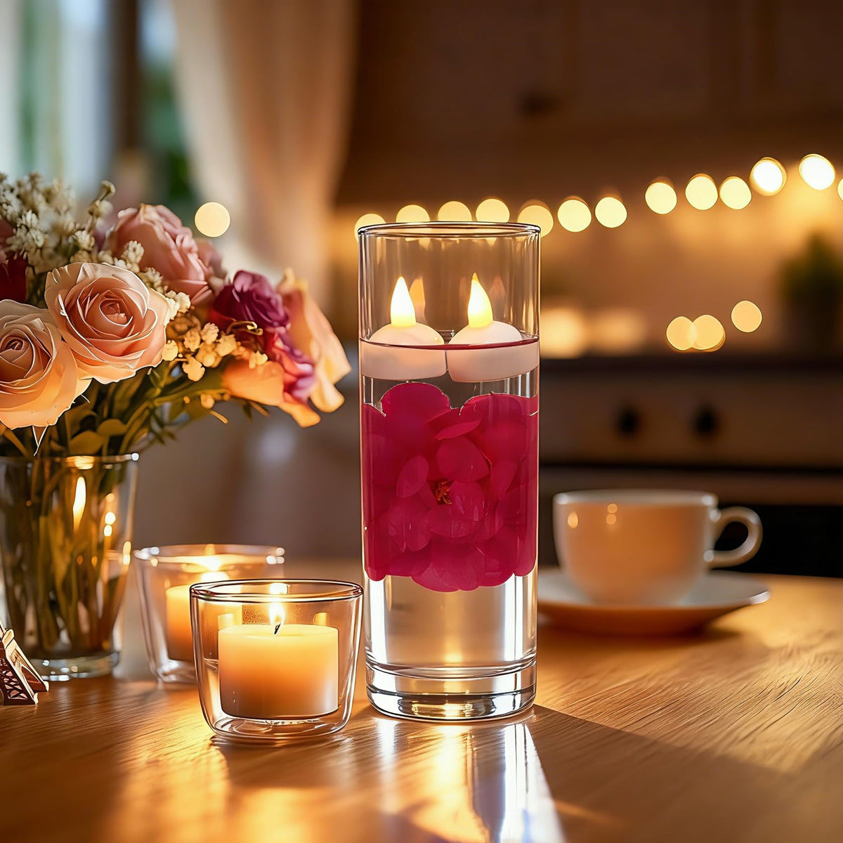 24 Pack Flameless Floating Candles for Centerpieces with Floating Flower (Rosered)