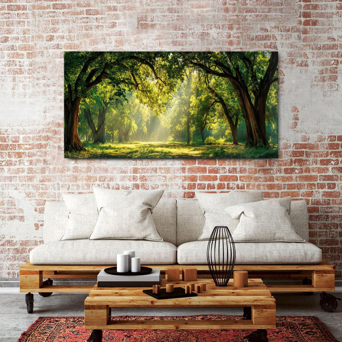 Green Forest Wall Art Panoramic Woodland Landscape Canvas Pictures Nature Wall Decor Sunrise Sunlight Trees Scenery Poster Living Room Bedroom Office Hallway Cabin Lodge Home Decoration 30x60 (60"L x 30"W / Forest)