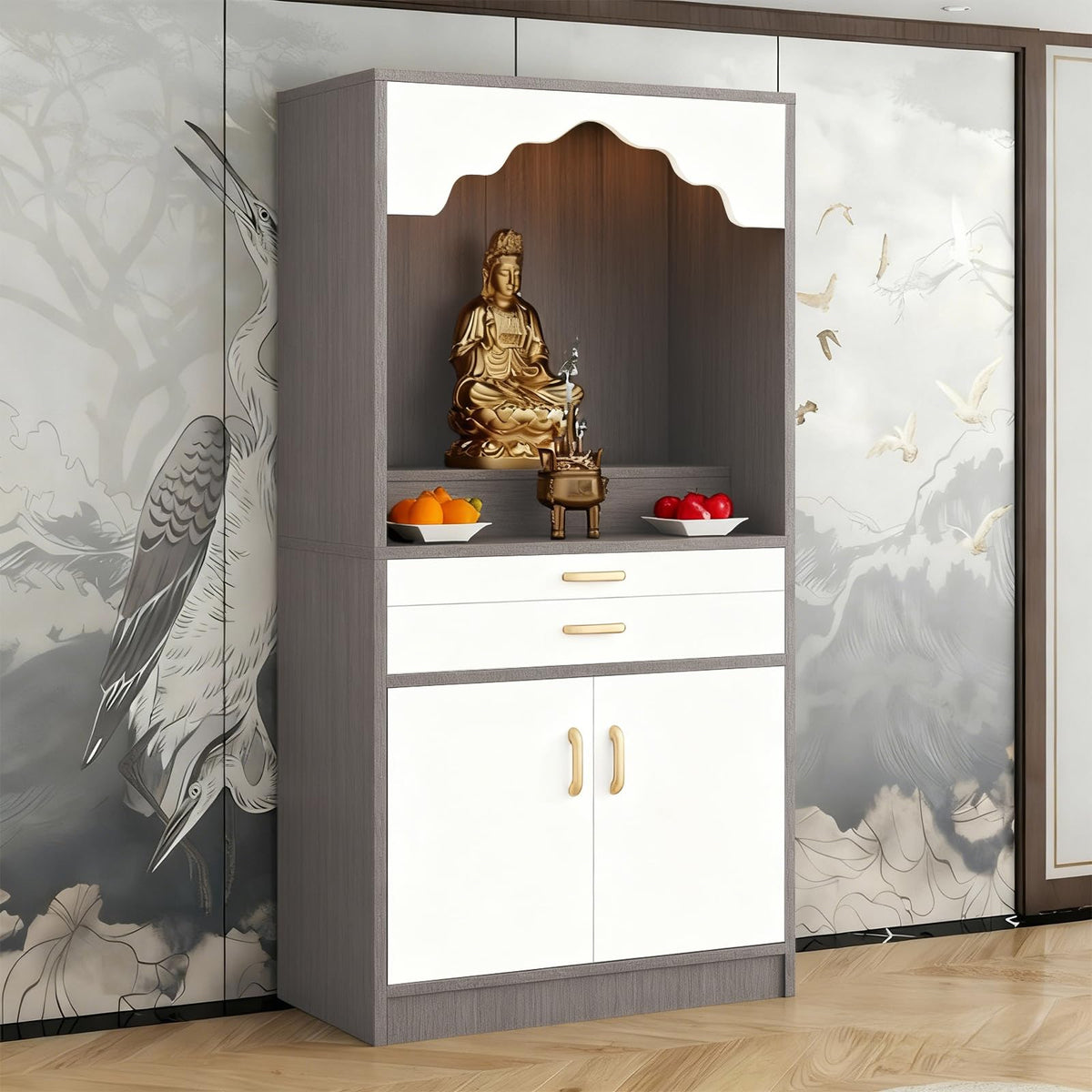 Altar Table Wood Meditation Prayer Table (White + Dark Gray Wood / 31.5" x 15.7" x 63.8")