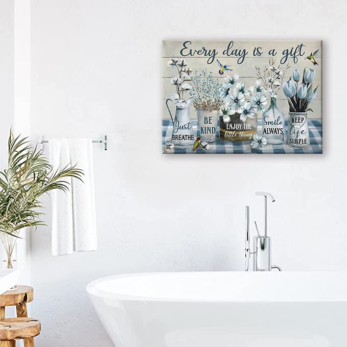 Farmhouse Flower Bathroom Decor Wall Art Rustic Flower Every Day Is A Gift Floral Spring Summer Pictures Wall Decor Canvas Painting Prints Artwork Framed for Bedroom Living Room 16"x12" (Everyday Is A Gift / 16"L x 12"W)