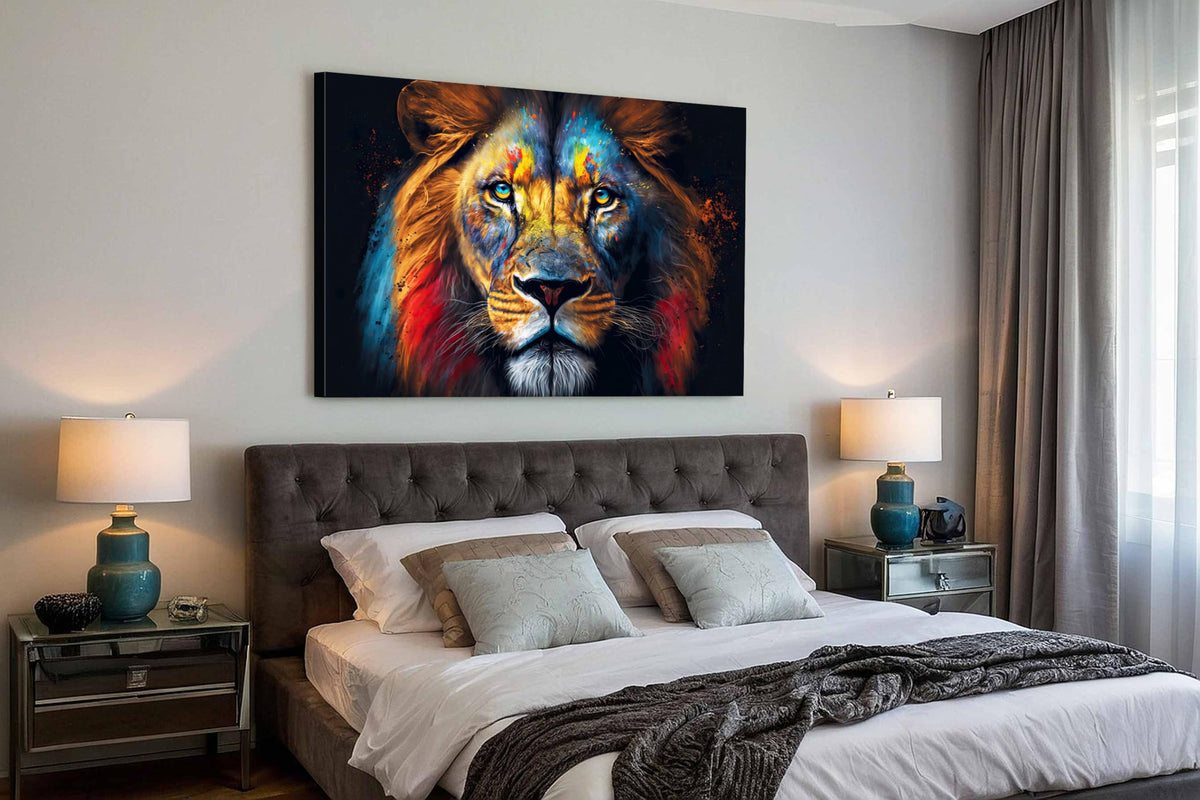 Framed Colorful Lion Wall Art Wildlife Animals Pictures Living Room Wall Decor 32x48” Abstract Graffiti Lion Portrait Jungle Painting Artwork for Boys Men Bedroom Living Room Home Decorations (48"L x 32"W / SCTYLION)