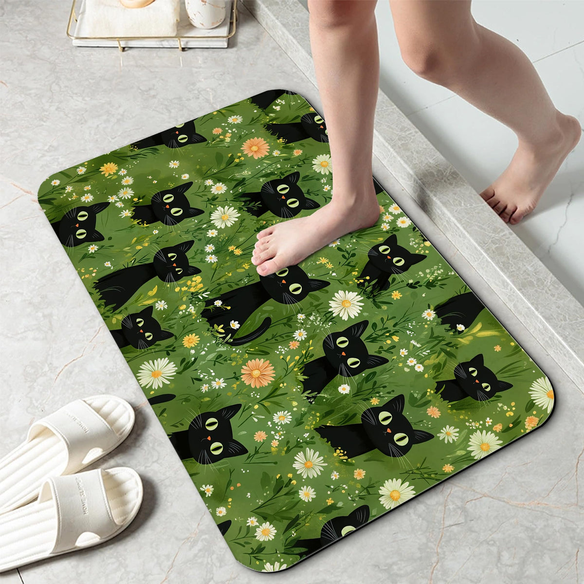 Cute Black Cat Bathroom Rug 29.5"x17" (Cute Black Cat,flowers)