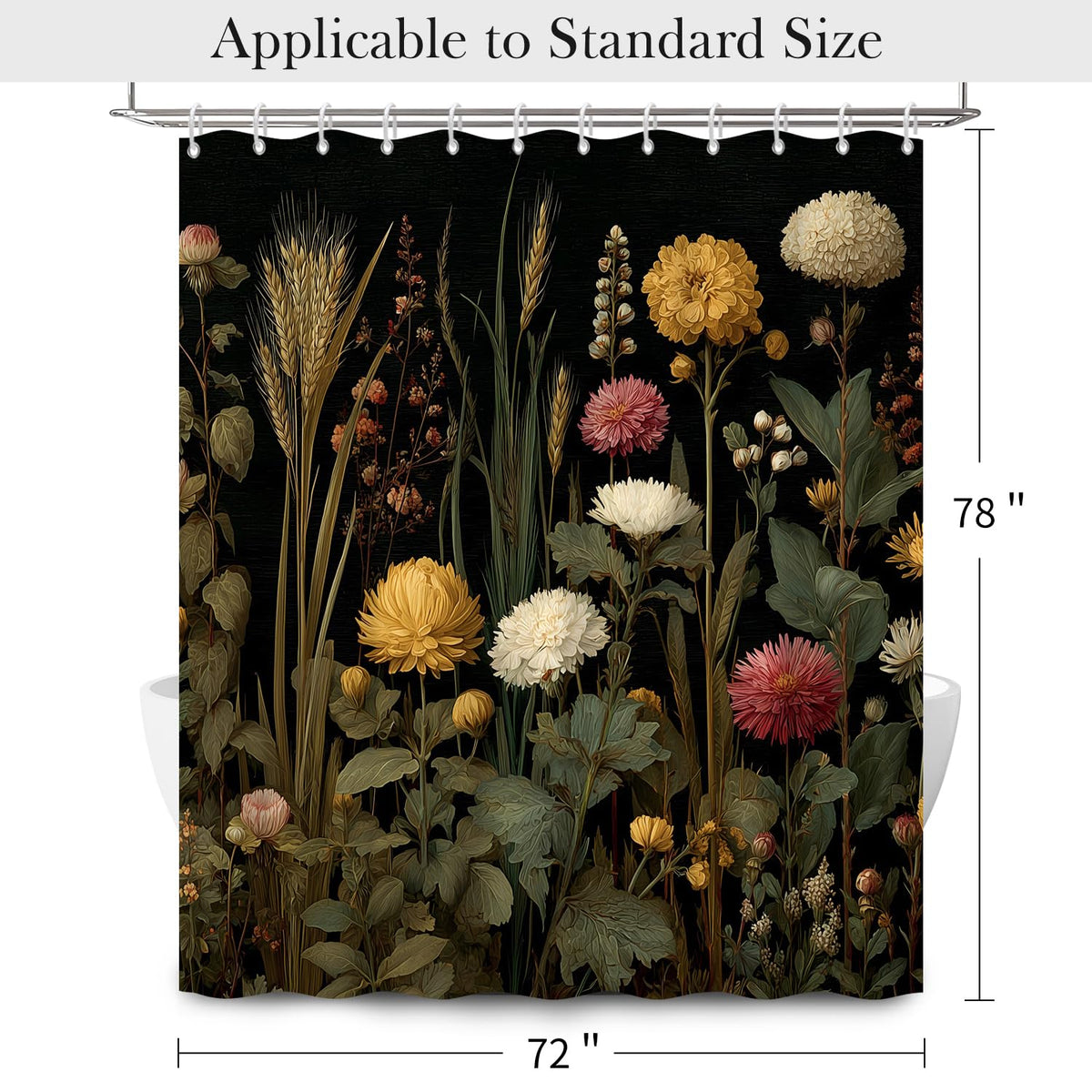 Dark Botanical Floral Shower Curtain with Hooks (Dark Flowers / 72"W x 78"L (Pack of 1))