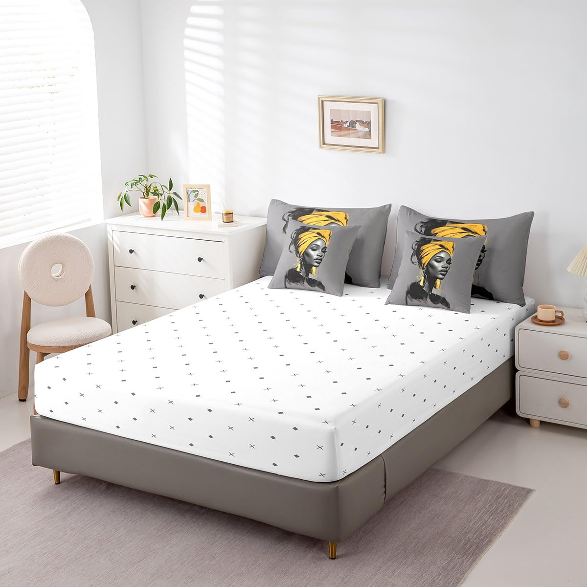 Black Women Comforter Set Full Size 7 Piece (Grey and Yellow / Full)
