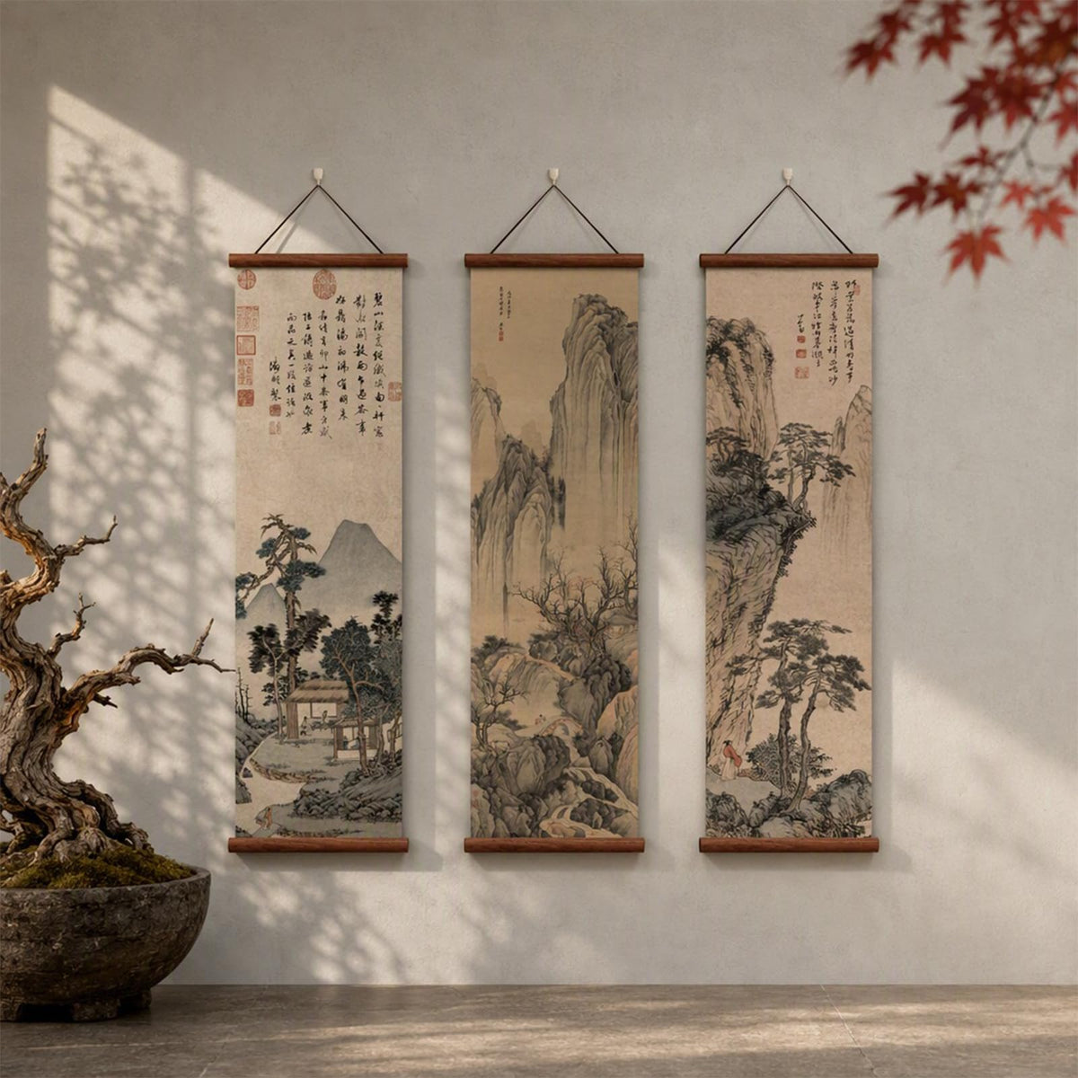 Chinese Ancient Landscape Scroll Wall Art Poster (landscape-BW / 12"x41"x3 Piece)