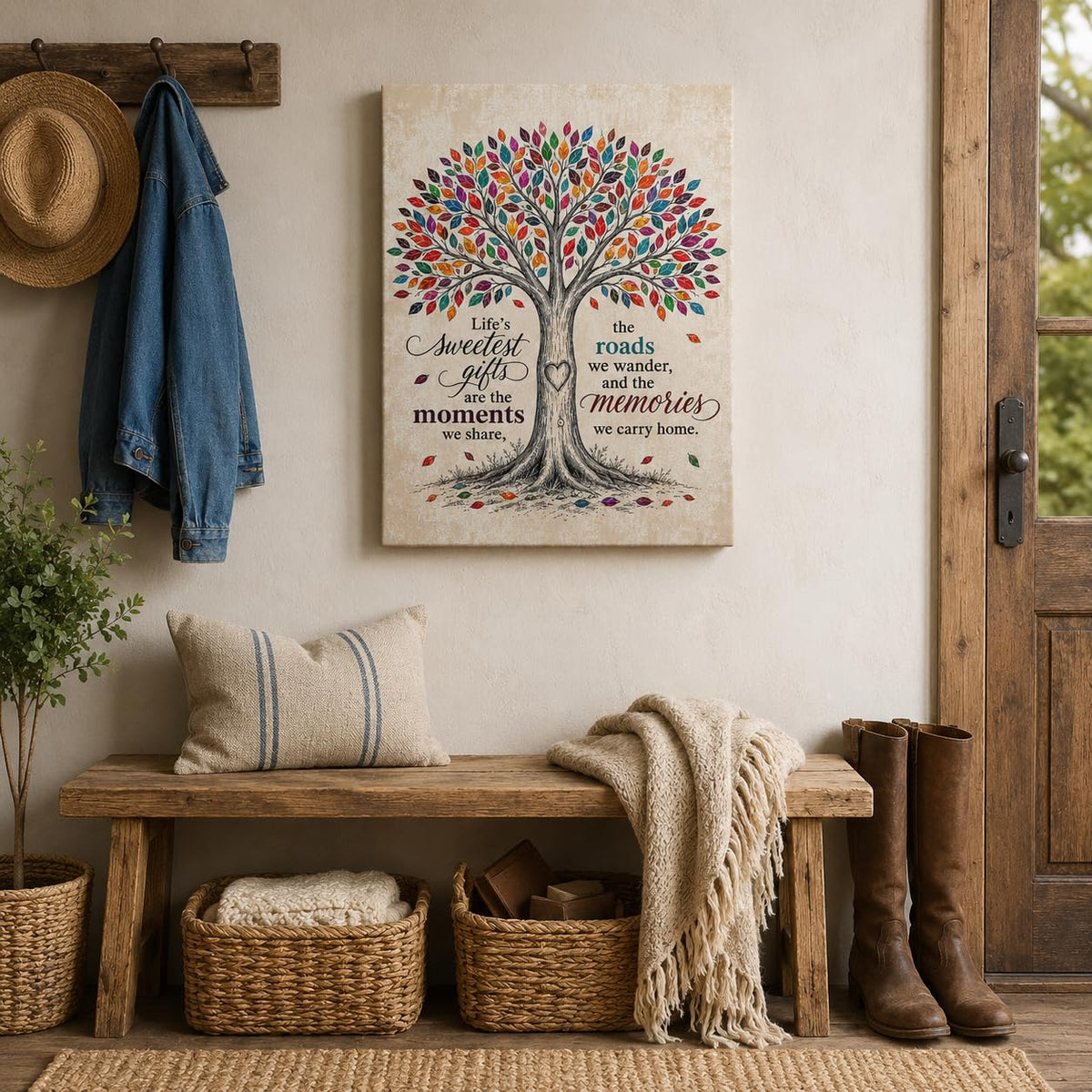 Colorful Tree Canvas Wall Art Framed Inspirational Family Quote 12x16 Inch (Tree Family Quote / 16"L x 12"W)