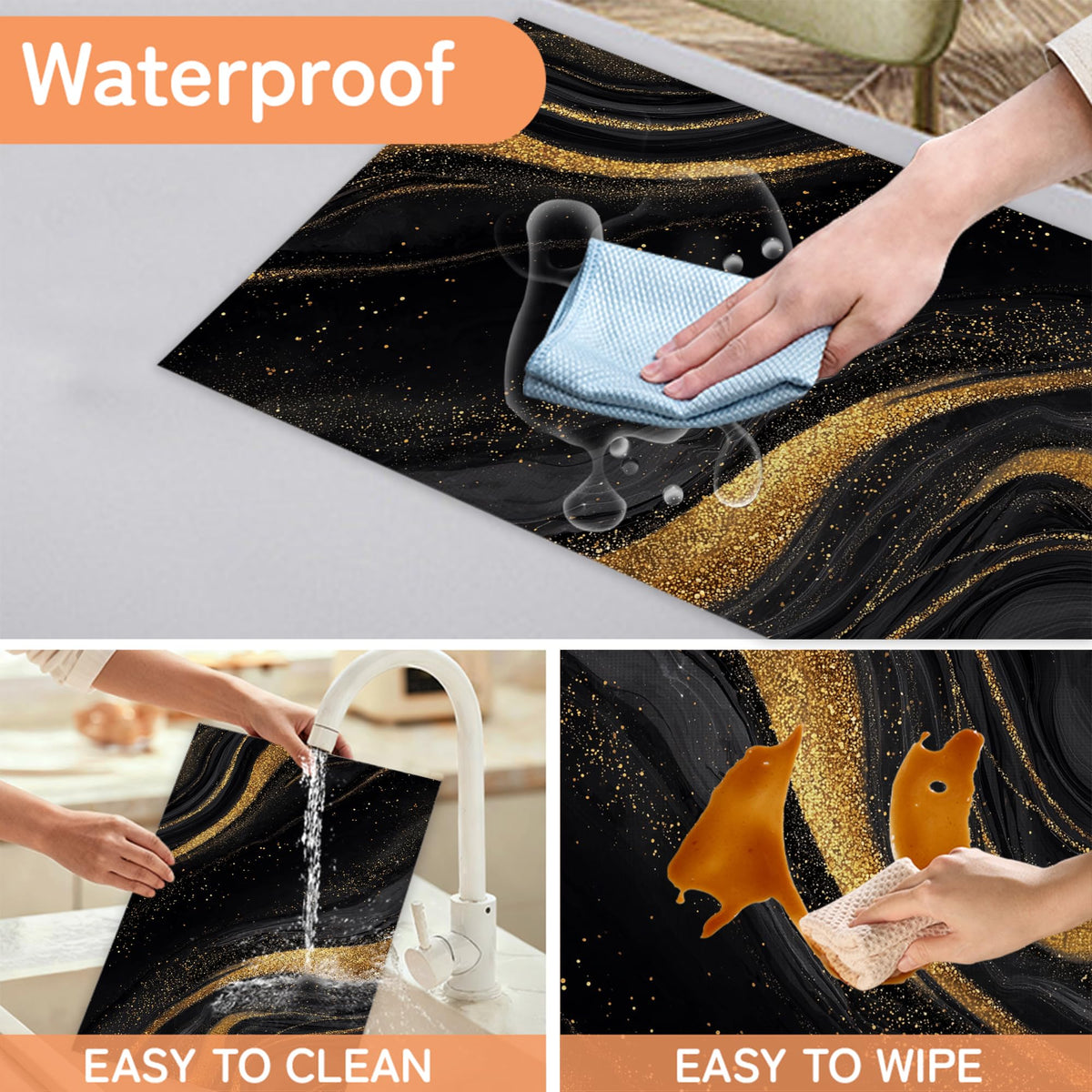 Marble Placemat Set of 6 (Marble Black Gold Flowing Marble)