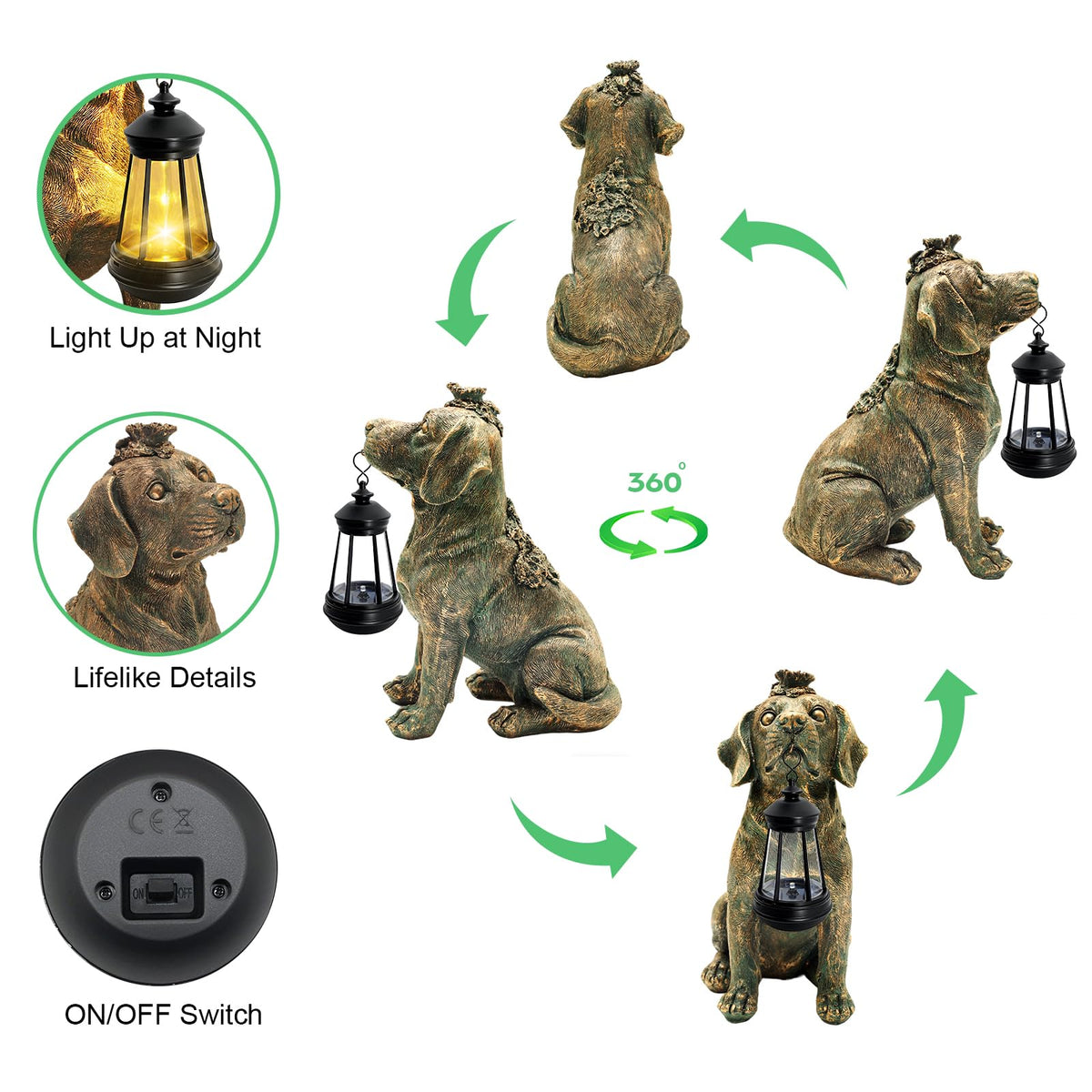 Garden Statue Dog Figurine Decor with Solar Lights 11in Outdoor Decoration (Bronze - Dog with Lantern)