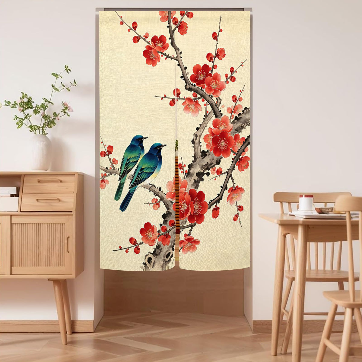 Japanese Noren Doorway Curtain New Chinese Bird Flower Tapestry 28.3x59inch (Beige Red / 28.3"W x 59"L (Pack of 1))