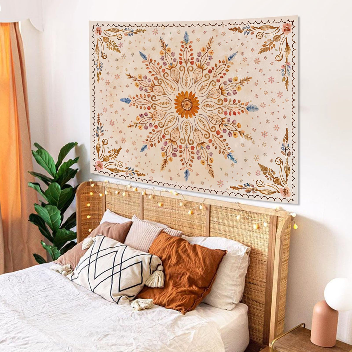 Boho Floral Mandala Tapestry for Bedroom Aesthetic Watercolor Bohemian Flower Wall Tapestry Brown Beige Hippie Indian Small Tapestries Wall Hanging for Living Room Dorm Decor 40 x 30 Inch (Brown Yellow / 40"L x 30"W)
