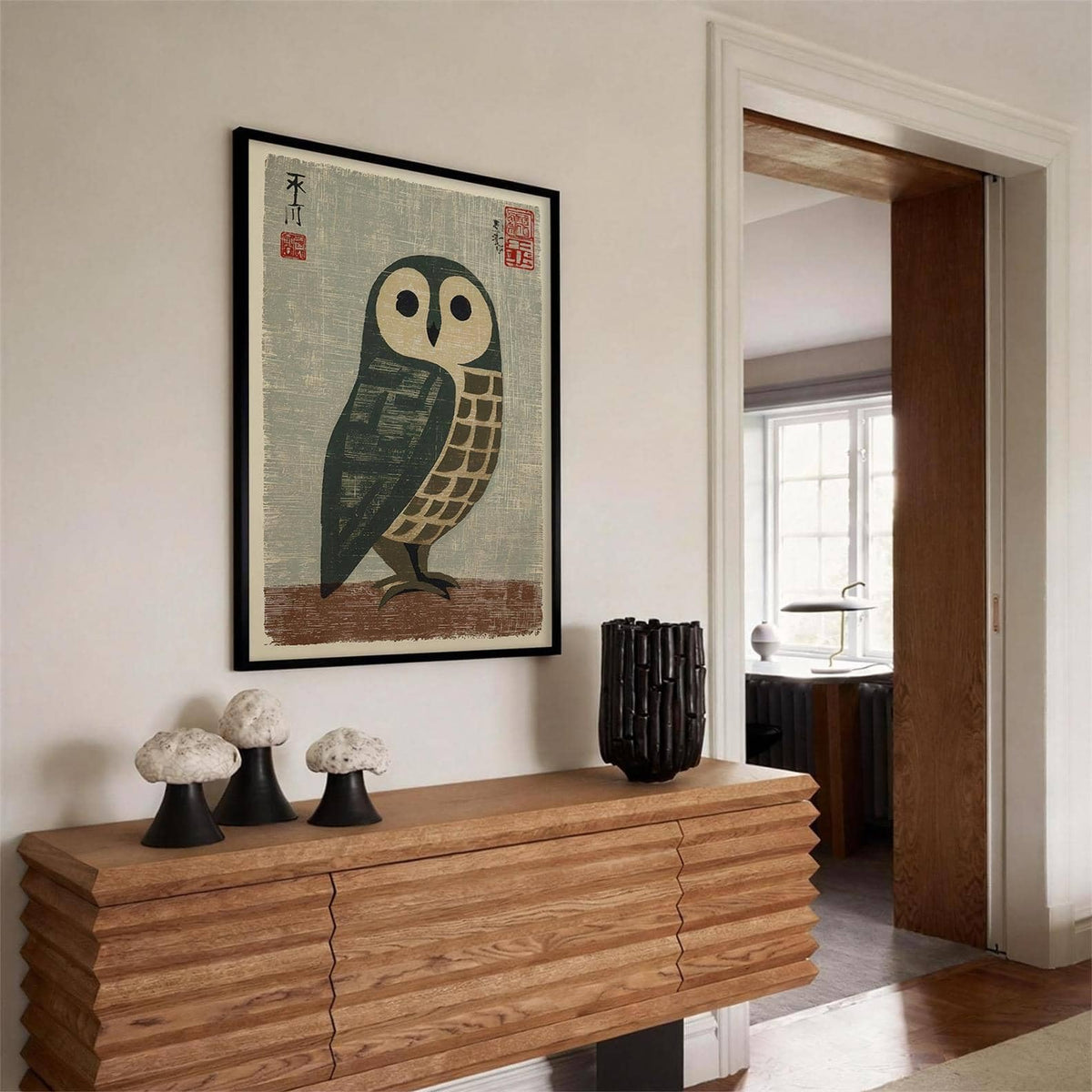 Black Framed Vintage Japanese Wall Art 20x30in Owl Poster Mid Century Animal Print Minimalist Bird Painting Nature Rustic Artwork for Lndie Room Bedroom Living Room Gallery Decor Ready to hang (Black Framed / Japanese Poster / 30"L x 20"W)