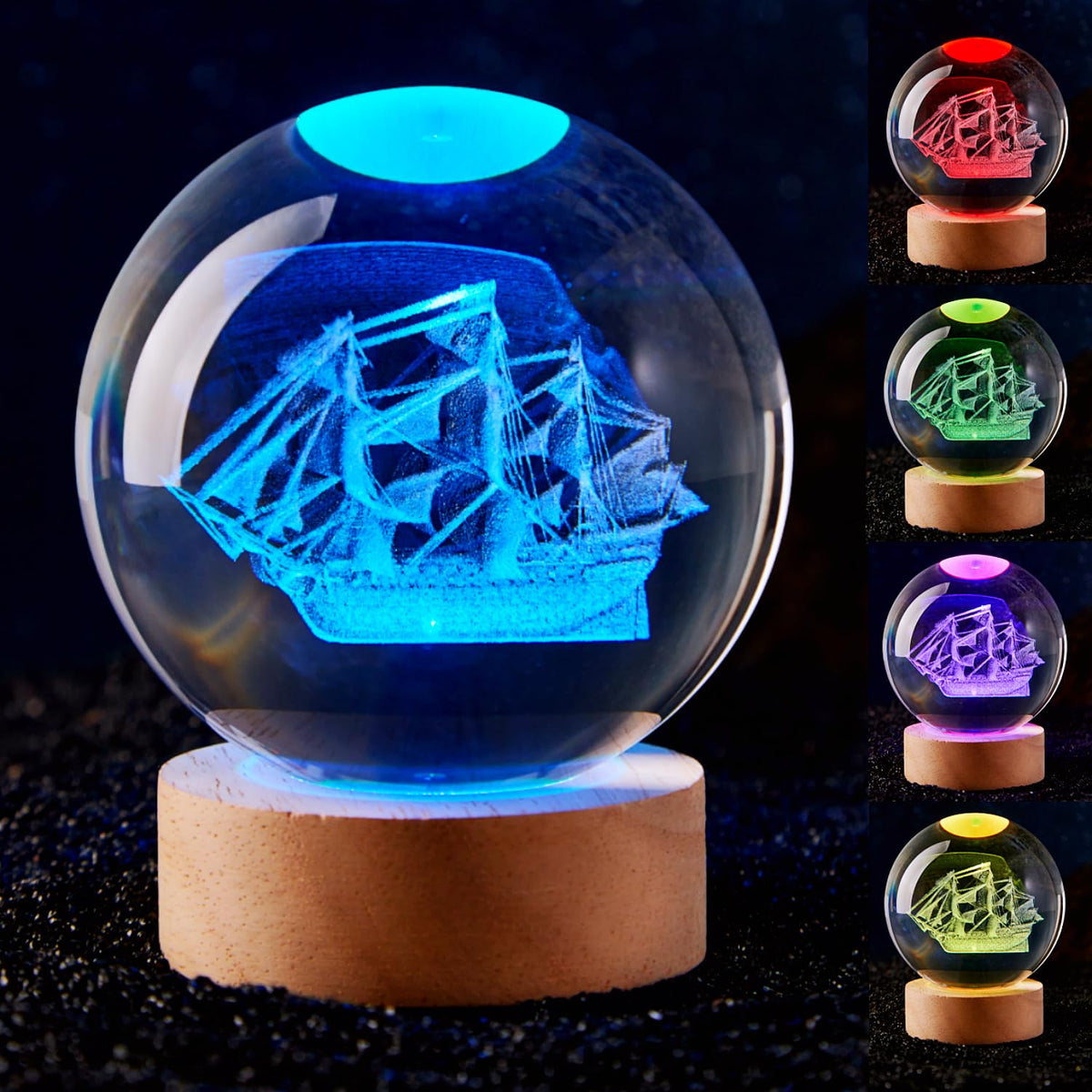 Large Sailboat Crystal Ball Night Light with Woodern Base (sailboat)